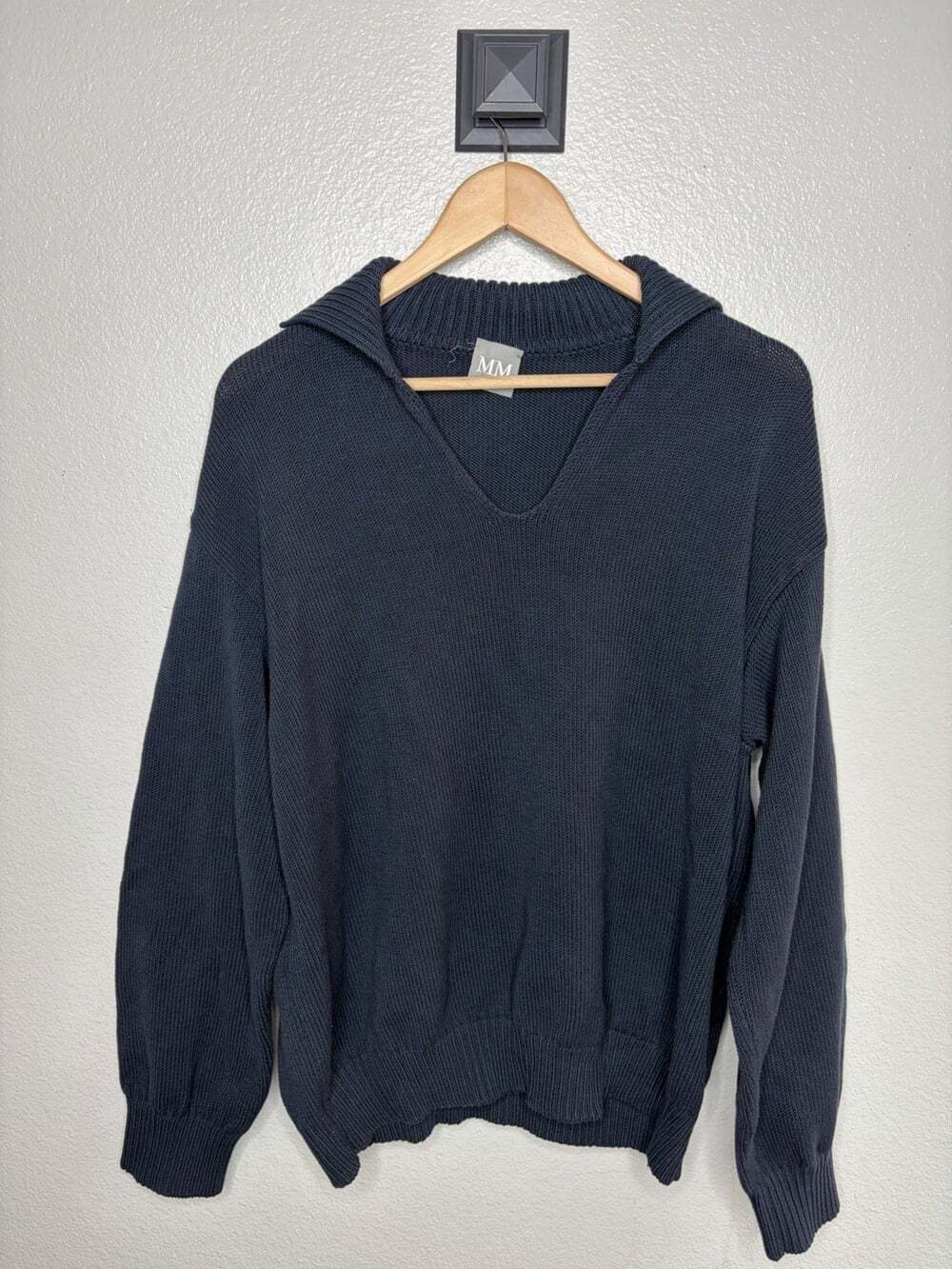 MM Max Mara Navy Blue Cotton Blend V neck Sweater Womens Large Sailor Collar